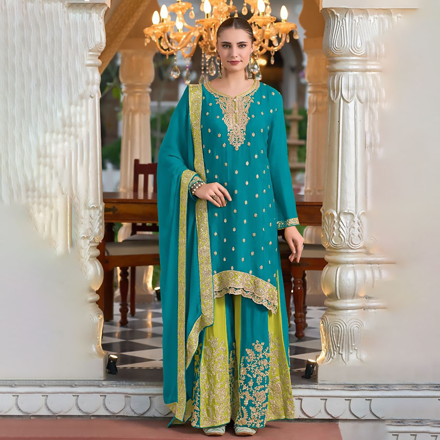 Blue & Green Silk Partywear Suit